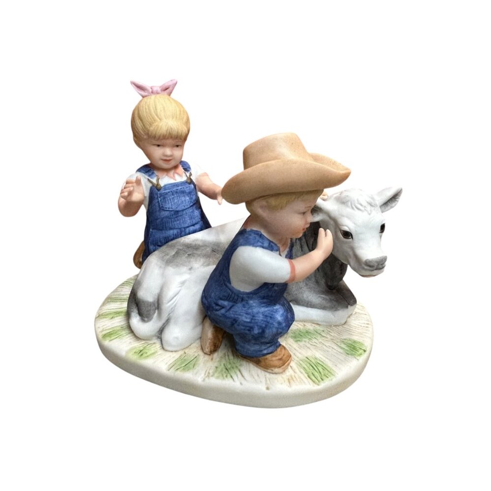 Homco 1985 Denim Days Debbie Danny Cow Calf Porcelain Figurine